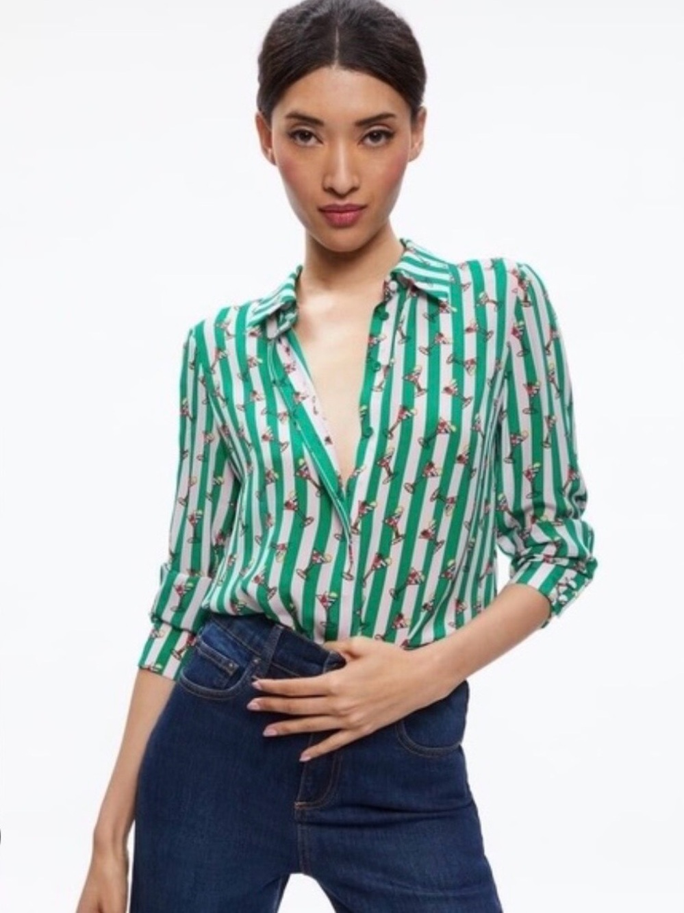 Alice + Olivia Willa Silk Martini-Print Button-Up Blouse